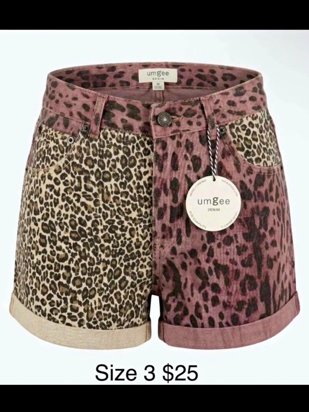 Umgee Women’s Denim Leopard Print Cuffed Shorts Size 3 Purple Beige